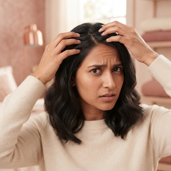 A close-up of a South Asian woman appearing uncomfortable while touching her scalp, representing scalp irritation from chemic