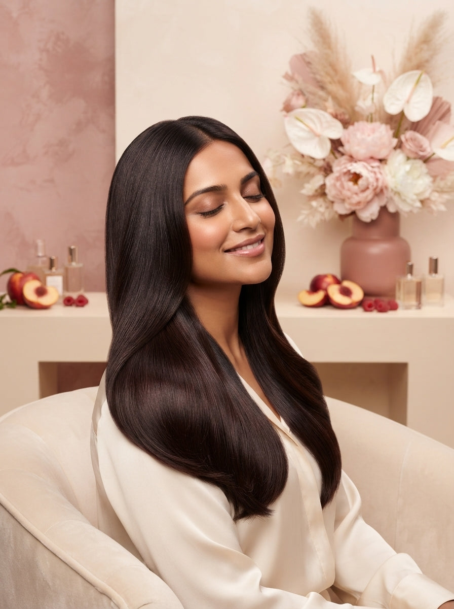 A South Asian woman with glossy, vibrant, healthy hair showcasing professional color results in a soft pink and cream studio 