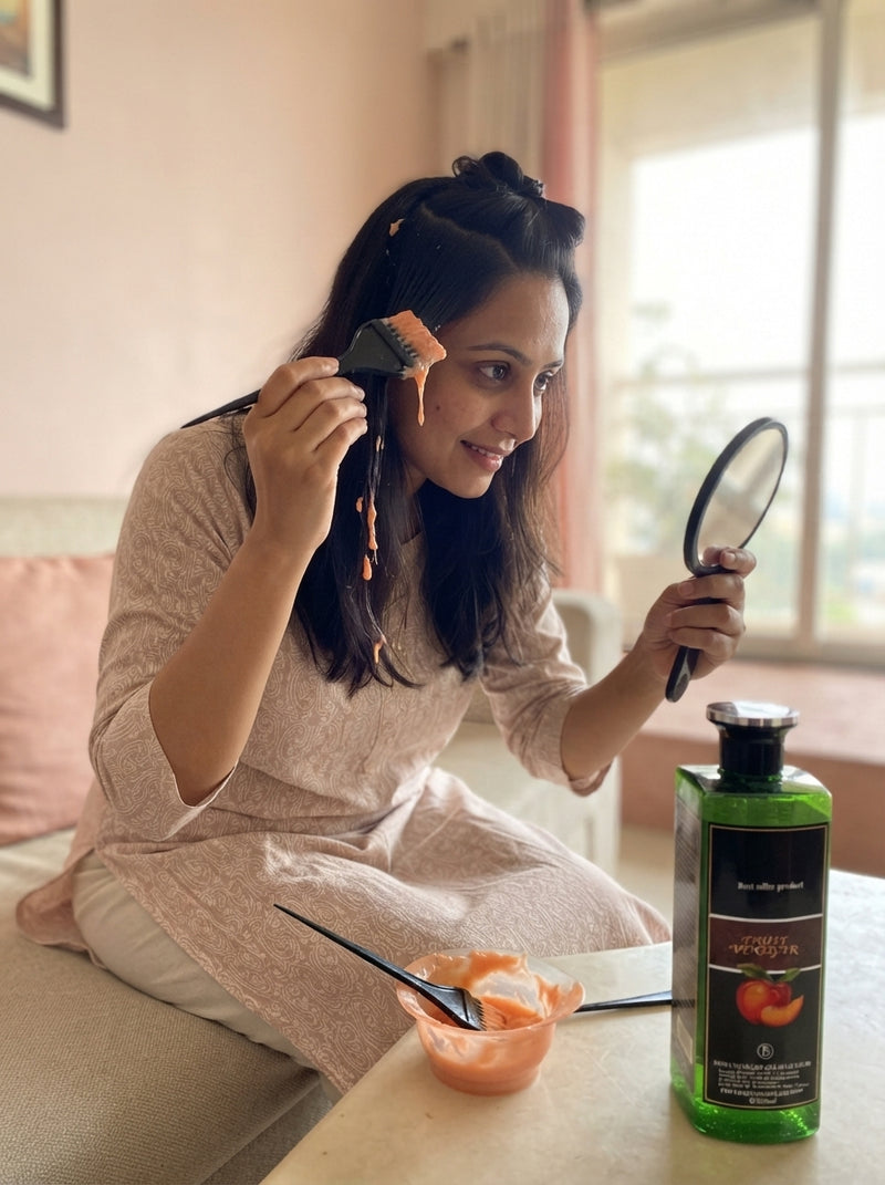 A South Asian woman applying fruit vinegar hair color gel to her hair in a bright, natural home setting.